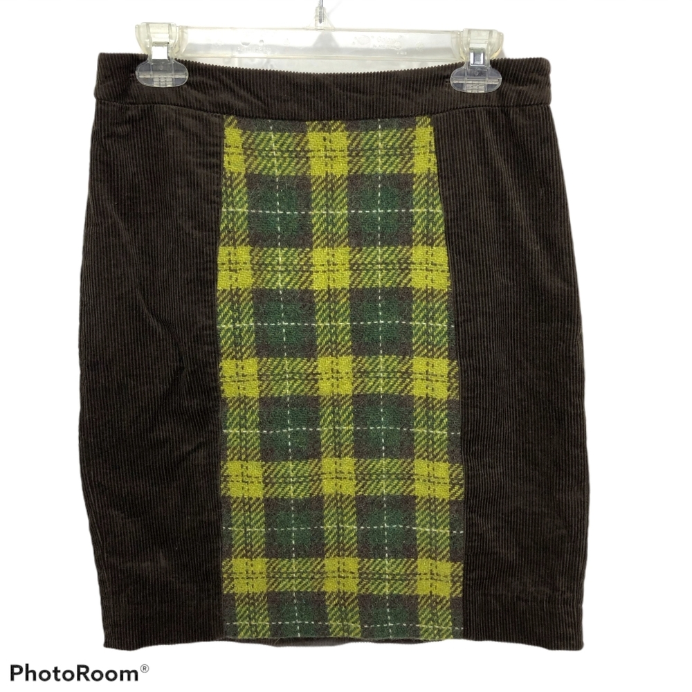 Anthropologie Maeve Skirt Brown Corduroy & Green Plaid Fall Size 6